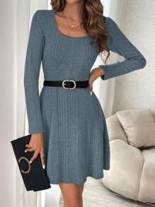 SHEIN Frenchy Solid Color Knitted Dress Without Belt - Baby Blue - View 3