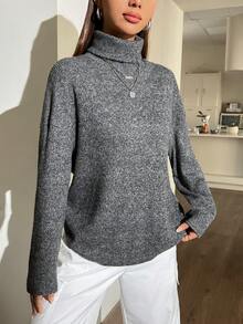 SHEIN EZwear Women's High Neck Drop Shoulder T-shirt - Dark Grey - View 4