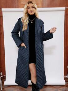 SHEIN LUNE Của phụ nữ Áo khoác Quilted Với To lớn Vòng cổ - Màu xanh hải quân - Xem 4