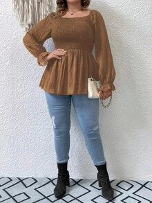 SHEIN LUNE Hơn Cổ vuông tay áo lá sen Áo sơ mi Peplum - Màu Khaki - Xem 3