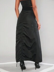 SHEIN Unity Flap Pocket Contrast Split Front Skirt - Black - View 2