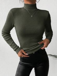 EURMUSE Women's Solid Color Turtleneck Sweater - Army Green - View 5