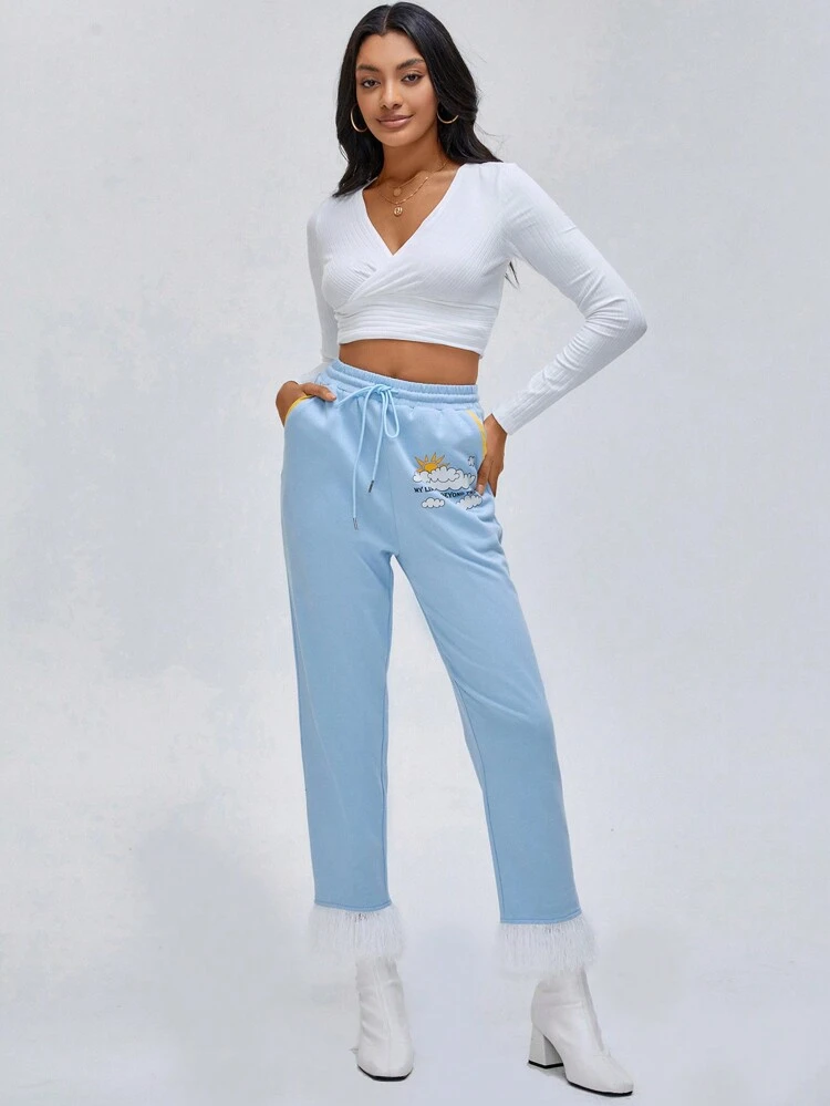 Designer Women's High Drawstring Waist Fluffy Hem Sweatpants, For Holiday, Festival