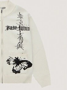 ANDREILEE Men's Da Vinci Manuscript Cardigan, Loose Fit Zip-Up Knit Sweater - White - View 4