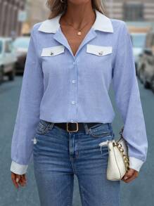 Của phụ nữ Sọc Áo sơ mi - Màu xanh lam - Xem 5