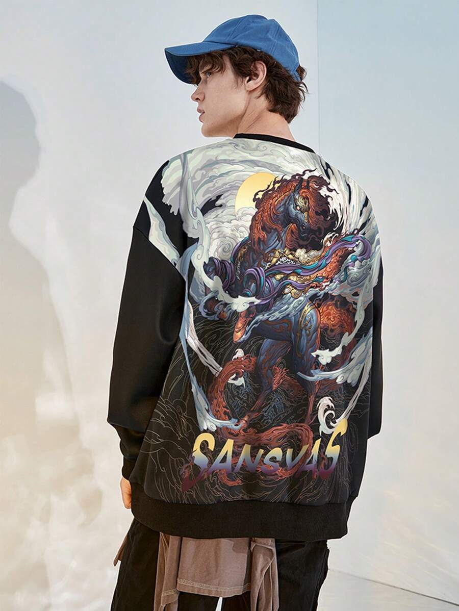 男士卡通字母印花圓領運動衫 - 黑色 - 查看 1