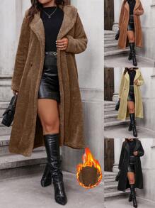 SHEIN LUNE Của phụ nữ Kích thước lớn Màu thuần Dài áo - Cà phê nâu - Xem 4