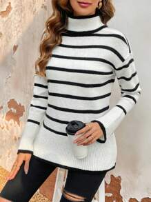 SHEIN Frenchy Women's Stand Collar Striped Drop Shoulder Sweater - White - View 3