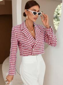 SHEIN BIZwear Houndstooth Print Double Button Crop Blazer - Red - View 3