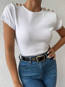 Cottnline Button Detail Batwing Sleeve Tee - White - View 1