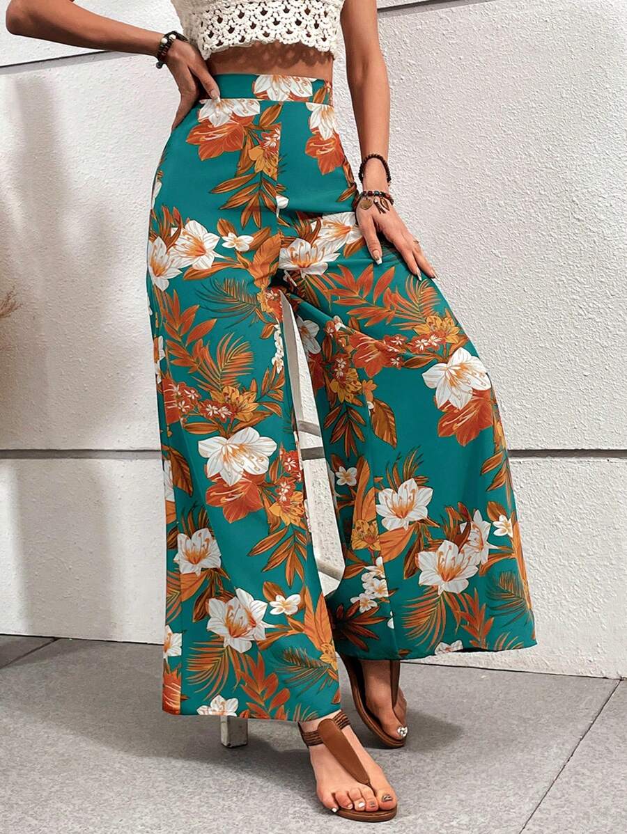 SHEIN VCAY 印花闊腿褲 - 綠色 - 查看 1