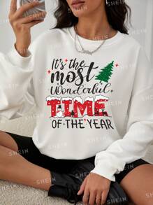Christmas Print Drop Shoulder Round Neck Sweatshirt,Long Sleeve Tops