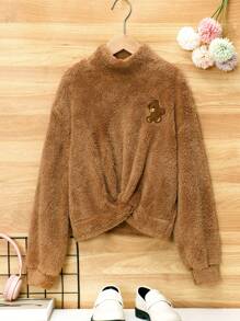 SHEIN Tween Girl Bear Embroidery Twist Hem Flannel Pullover - Black - View 1