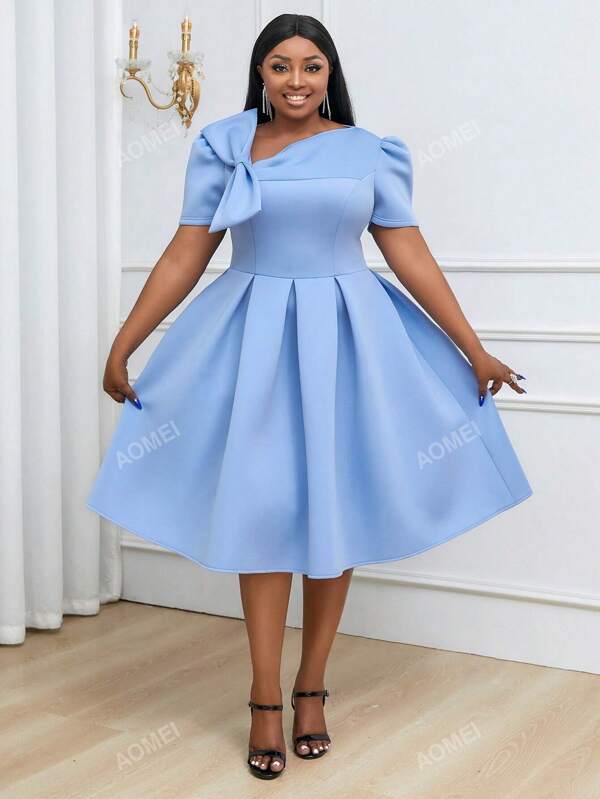 Women's Plus Size Short Sleeve Bow Evening Dress Party Midi Short A-Line Graduation Outfit Dress Valentine's Day,For Birthday, Wedding Guest, Graduation, Dinner, Homecoming