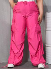 Plus Size Women Elastic Waist Drawstring Pockets Loose Wide Leg Cargo Pants - Hot Pink - View 1
