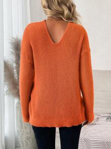 SHEIN Maternity Deep V-Neck Ribbed Knitted Drop Shoulder Sweater - Orange - View 2