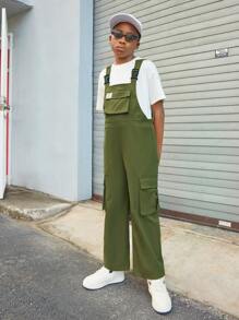 SHEIN Niño preadolescente 1 pieza mono overol con diseño de bolsillo con solapa - Verde militar - Ver 5