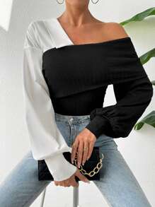 SHEIN Essnce Top De Cuello Asimétrico Con Bloques De Color Para Mujeres - Negro - Ver 1