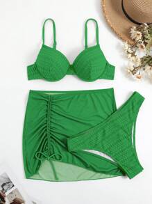 SHEIN Swim Plain Underwire Bikini Set,Summer Beach - Lime Green - View 5