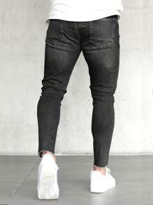 男式口袋装饰紧身破洞休闲牛仔裤 - 黑色 - 查看 2