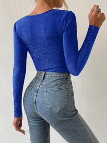 SHEIN Privé Ladies' Sparkly Bodysuit With Sweetheart Neckline - Royal Blue - View 2