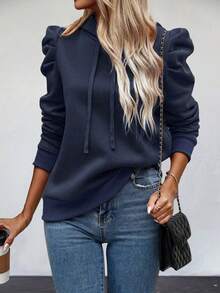 SHEIN Privé Ladies' Drawstring Bubble Sleeve Sweatshirt - Navy Blue - View 4