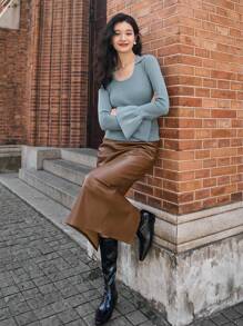 Dazy Star Solid Flounce Sleeve Sweater - Blue - View 5