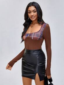 CHEYENNE SAHARA Body con espalda abierta con estampado de cuadros de diseñador, para vacaciones, primavera, playa, festival, Ibiza - Marrón - Ver 3