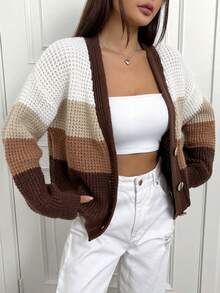 SHEIN Unity 拼色下落肩前扣釦針織羊毛衫 - 彩色 - 查看 2