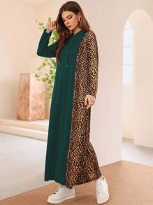 Mulvari 女士綠色豹紋印花和束腰設計的連帽長袖裙 - 綠色 - 查看 1