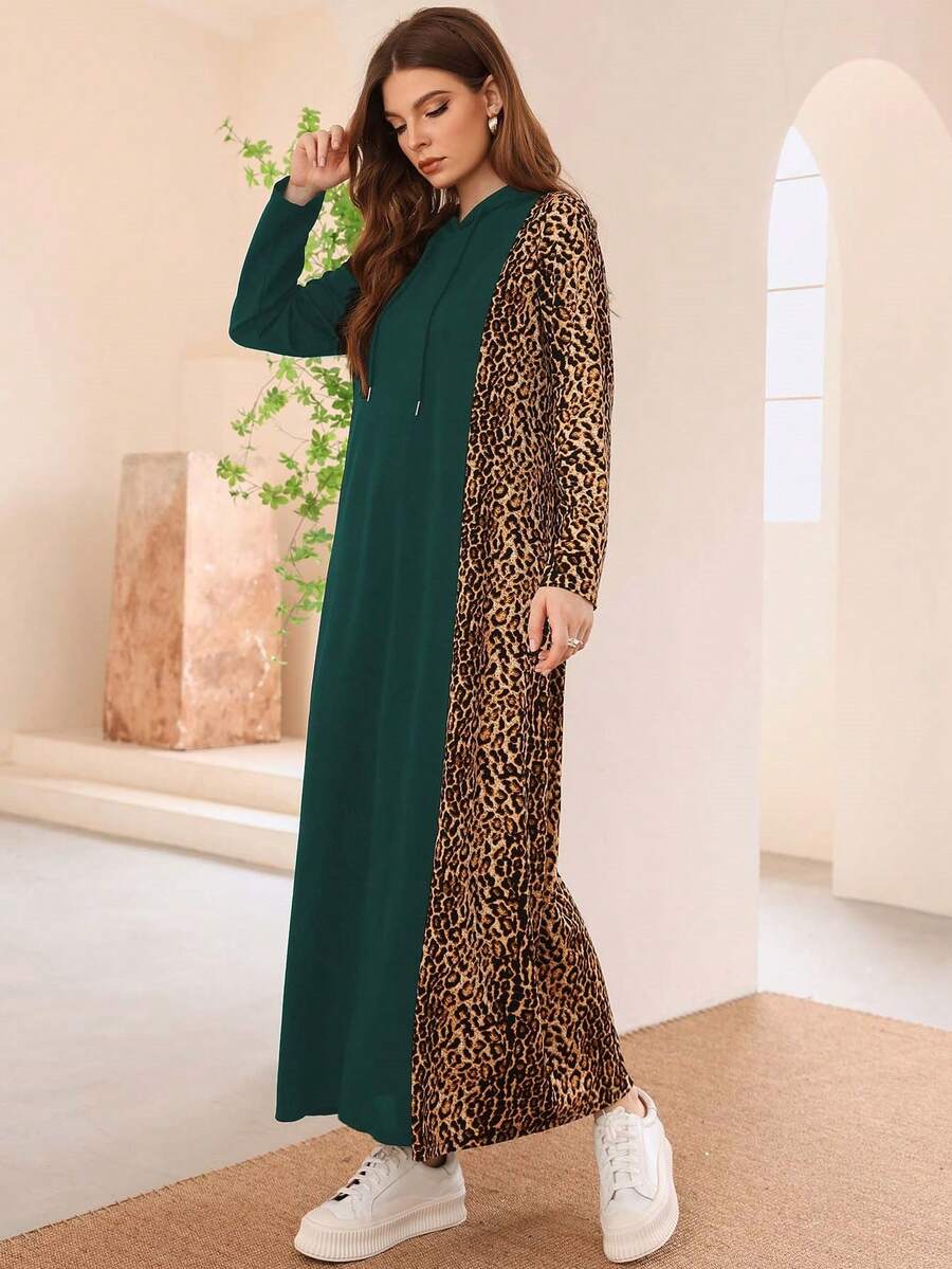 Mulvari 女士綠色豹紋印花和束腰設計的連帽長袖裙 - 綠色 - 查看 1