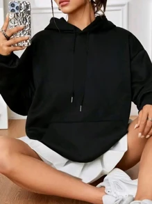 SHEIN EZwear 大尺碼單色束口連帽衛衣 - 黑色 - 查看 1