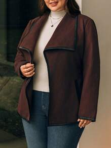 EMERY ROSE 大補碼對比綁定瀑布領配腰帶外套 - 棕色 - 查看 5