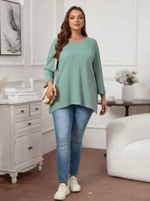 SHEIN LUNE Plus Size Women's Green Round Neck T-shirt
