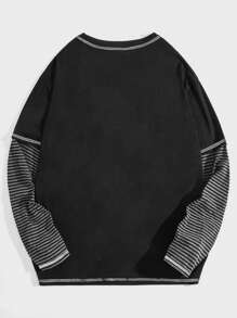 ROMWE MEN Goth 男士个性化印花条纹拼接二合一T恤 - 黑色 - 查看 2