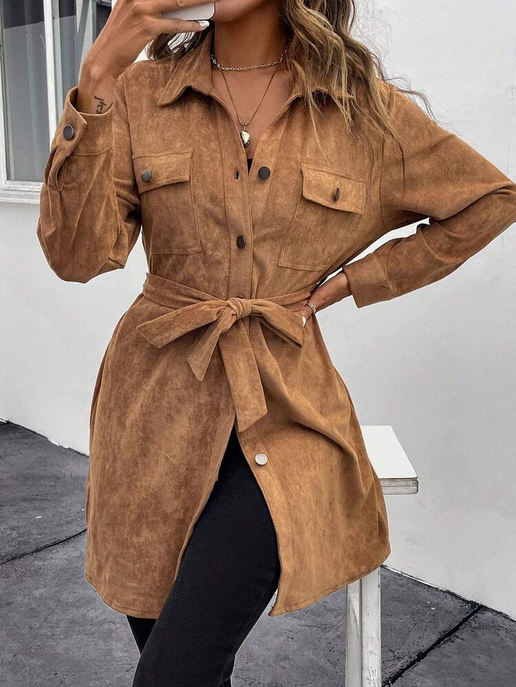 Women's Button Front Collared Flap Pocket Dress