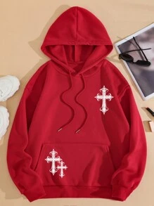 SHEIN Cross Printed Kangaroo Pocket Lined Hoodie - Red - View 5