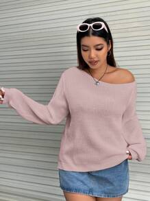 SHEIN EZwear Hơn Cổ không đối xứng Áo len - Hồng - Xem 3