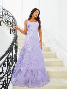 Missord Spaghetti Strap Sequin Evening Party Formal Dress - Purple - View 5