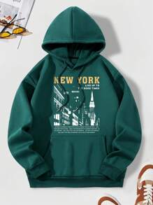 Sudadera Con Capucha Para Hombre Con Estampado De Texto - Verde Oscuro - Ver 1