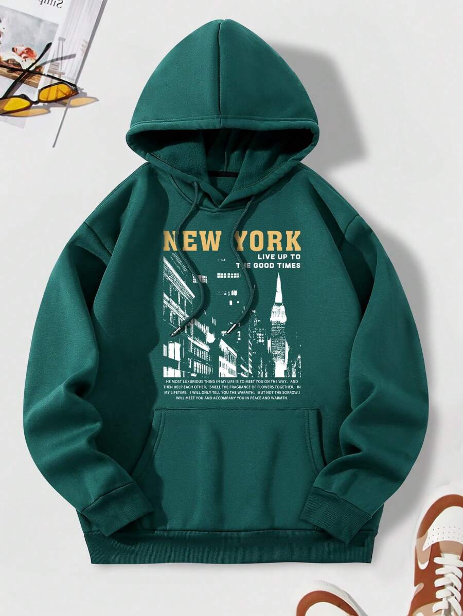 Sudadera Con Capucha Para Hombre Con Estampado De Texto - Verde Oscuro - Ver 1