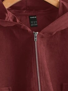 SHEIN EZwear Hơn Eo dây rút Dây kéo Áo trùm đầu - Màu Đỏ Sâu - Xem 4