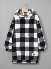 SHEIN EZwear 格紋印花落肩袖抽繩搖粒絨連帽衛衣裙 - 黑與白 - 查看 1