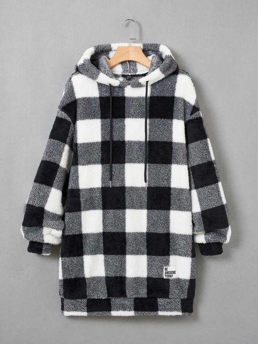 SHEIN EZwear 格紋印花落肩袖抽繩搖粒絨連帽衛衣裙 - 黑與白 - 查看 1