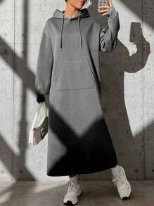 Muchica Hooded Drawstring Sweatshirt Dress - Grey - View 1