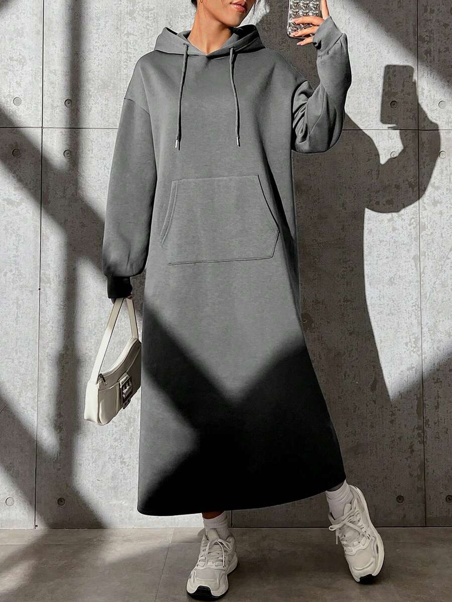 Muchica Hooded Drawstring Sweatshirt Dress - Grey - View 1