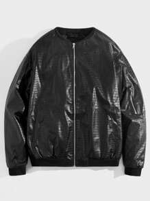 Mainfolk Men 1pc Oversized Crocodile Pattern Zip Up PU Leather Jacket, For Fall Winter, Spring, Outdoor - Black - View 1