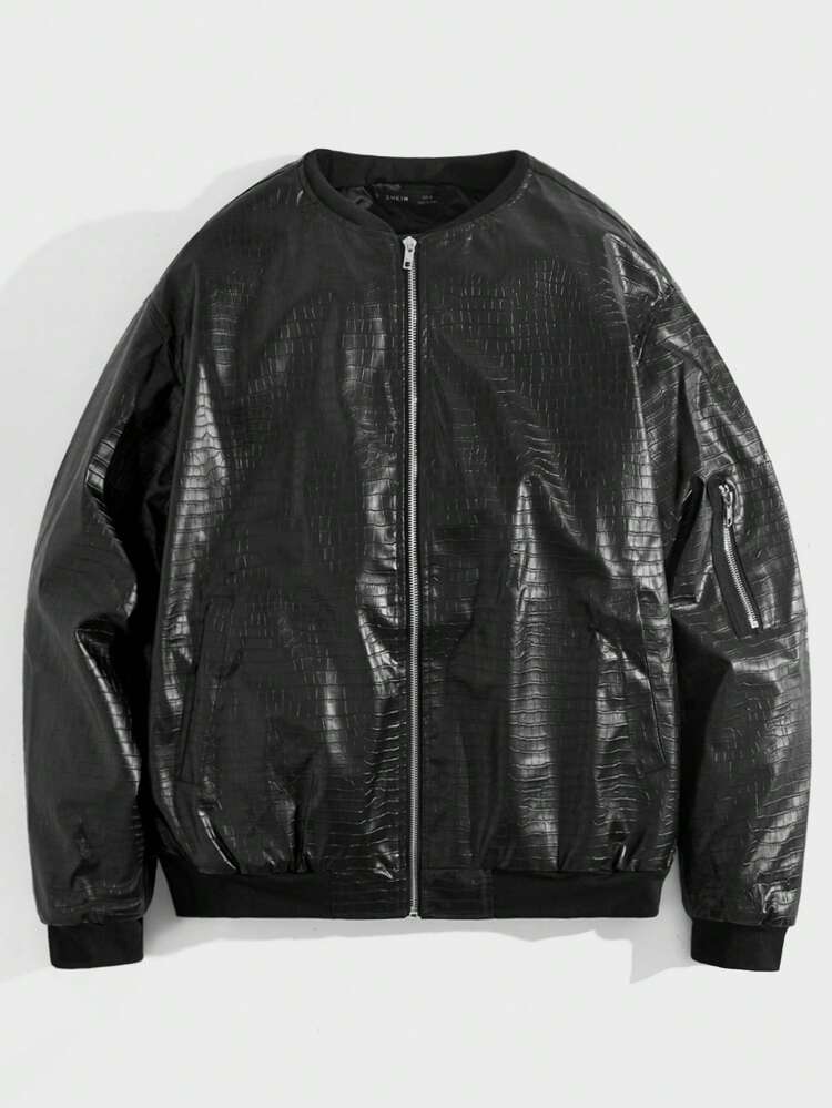 1pc Oversized Crocodile Pattern Zip Up PU Leather Jacket, For Fall Winter