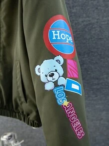 Tween Boy Cute Bear Pattern Stand-Up Collar Green Padded Coat, For Children Aged 8 Or Above - Army Green - View 6