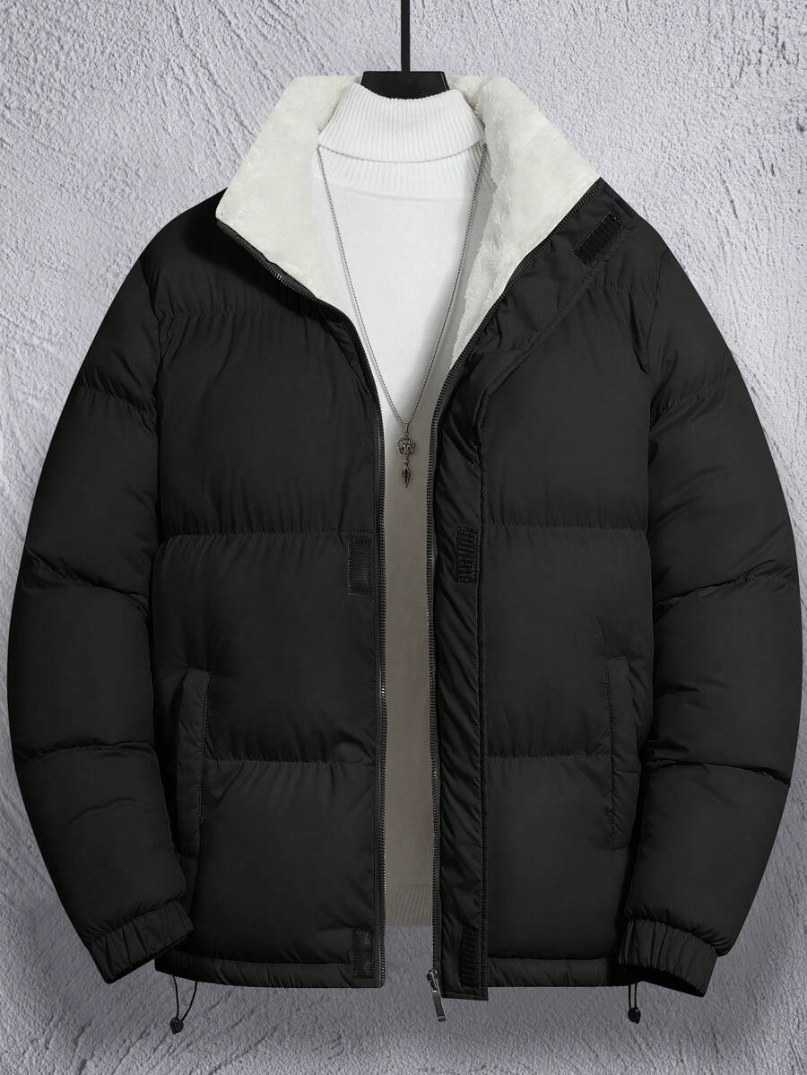 Manfinity Homme 男士长袖宽松抽绳下摆保暖加厚外套，外出保暖，休闲撞色冬季外套，送给朋友、丈夫、男友的礼物 - 黑色 - 查看 1